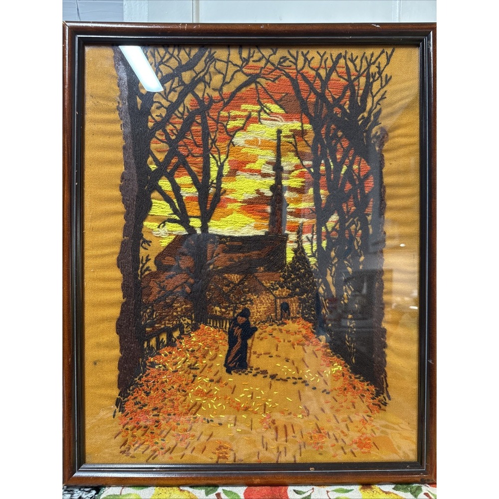1970s Paragon Evening Prayer Crewel Embroidered Framed Decor Artwork Vintage Art